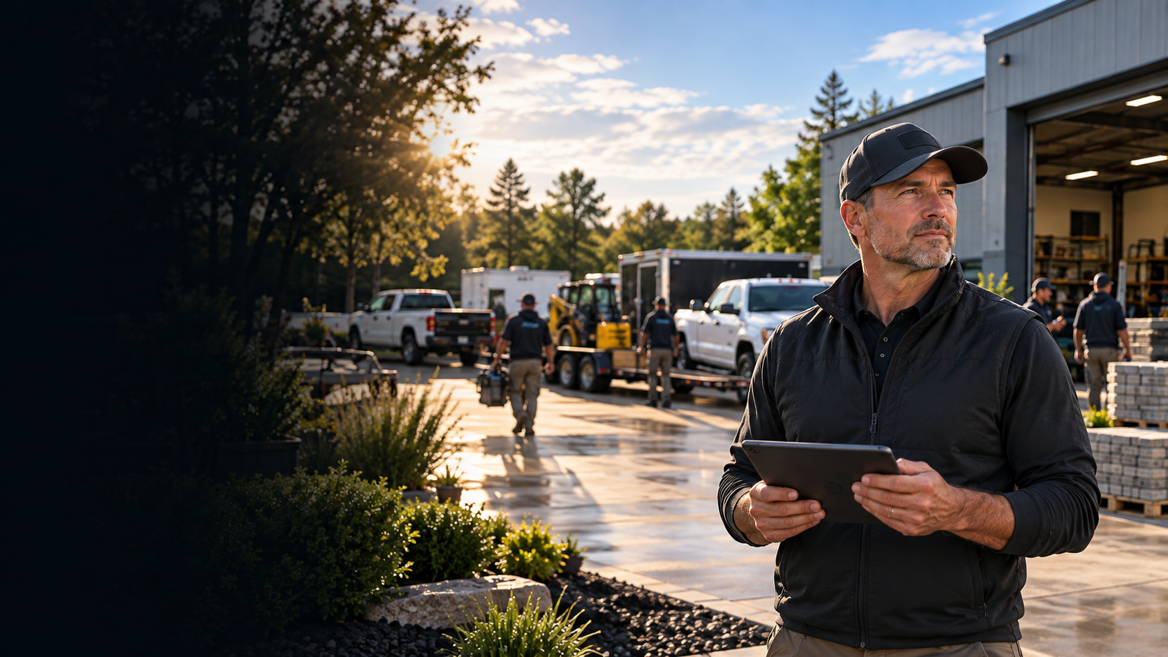 Home service contractor with a tablet overlooking his crew and trucks at the shop at sunrise