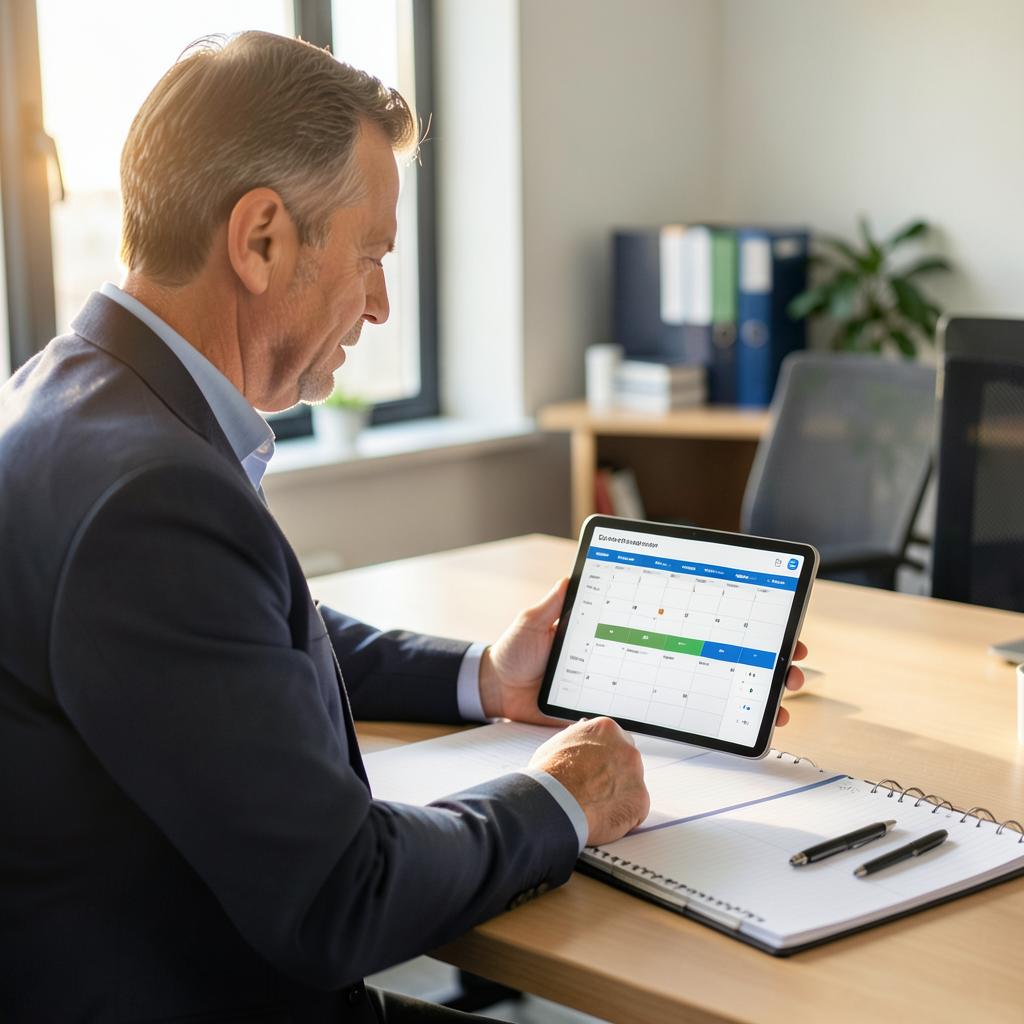 Sales manager reviewing a full estimate calendar on a tablet