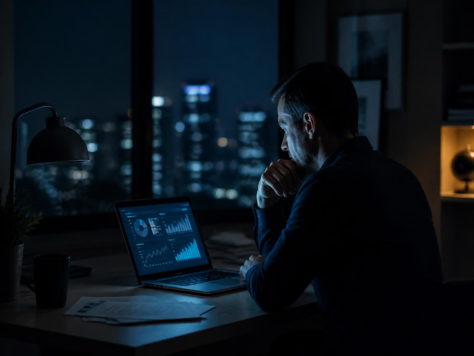 Business owner reviewing marketing performance on a laptop at night