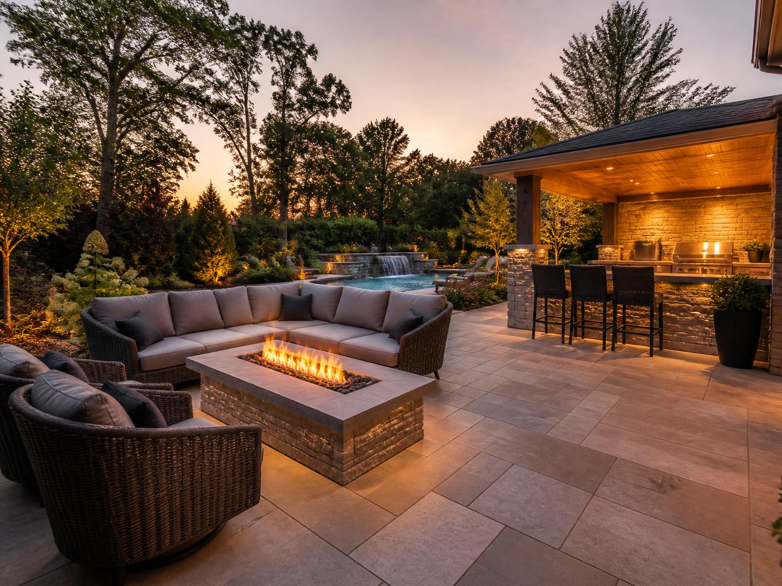 Completed backyard outdoor living project at dusk